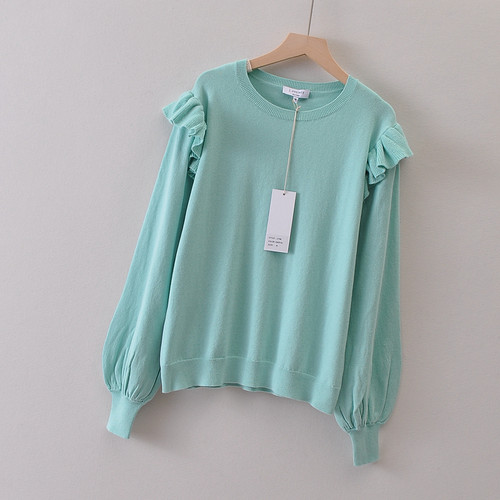 外贸js**y元单秋冬女装套头荷叶边长袖毛衣打底衫 纯棉圆领针织衫