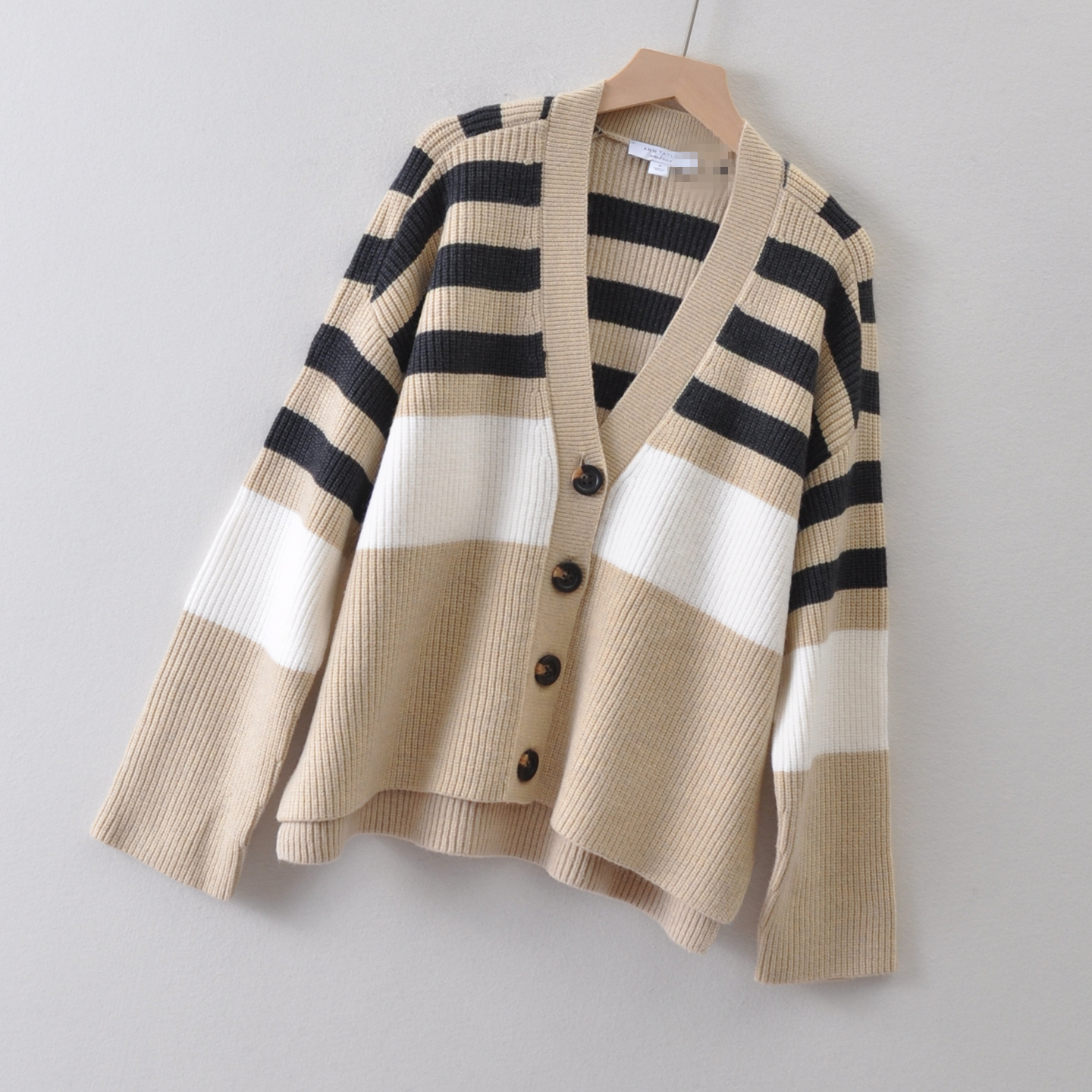 外贸美国单ANN TAY*女装~条纹宽松版针织开衫秋季 厚款毛衣外搭