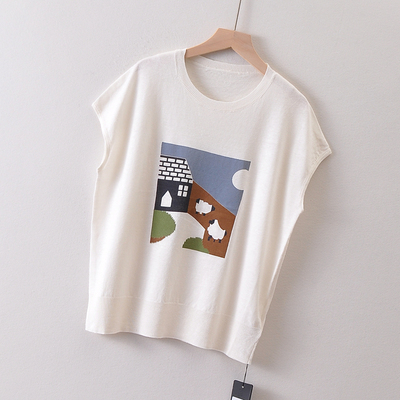 高品质~亚麻+天丝女装短袖针织衫夏 印花圆领宽松版薄款凉快上衣