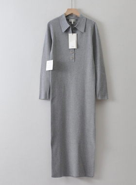 159欧~英国单PHA*EIG*女装~修身高弹针织连衣裙 翻领开叉超长裙