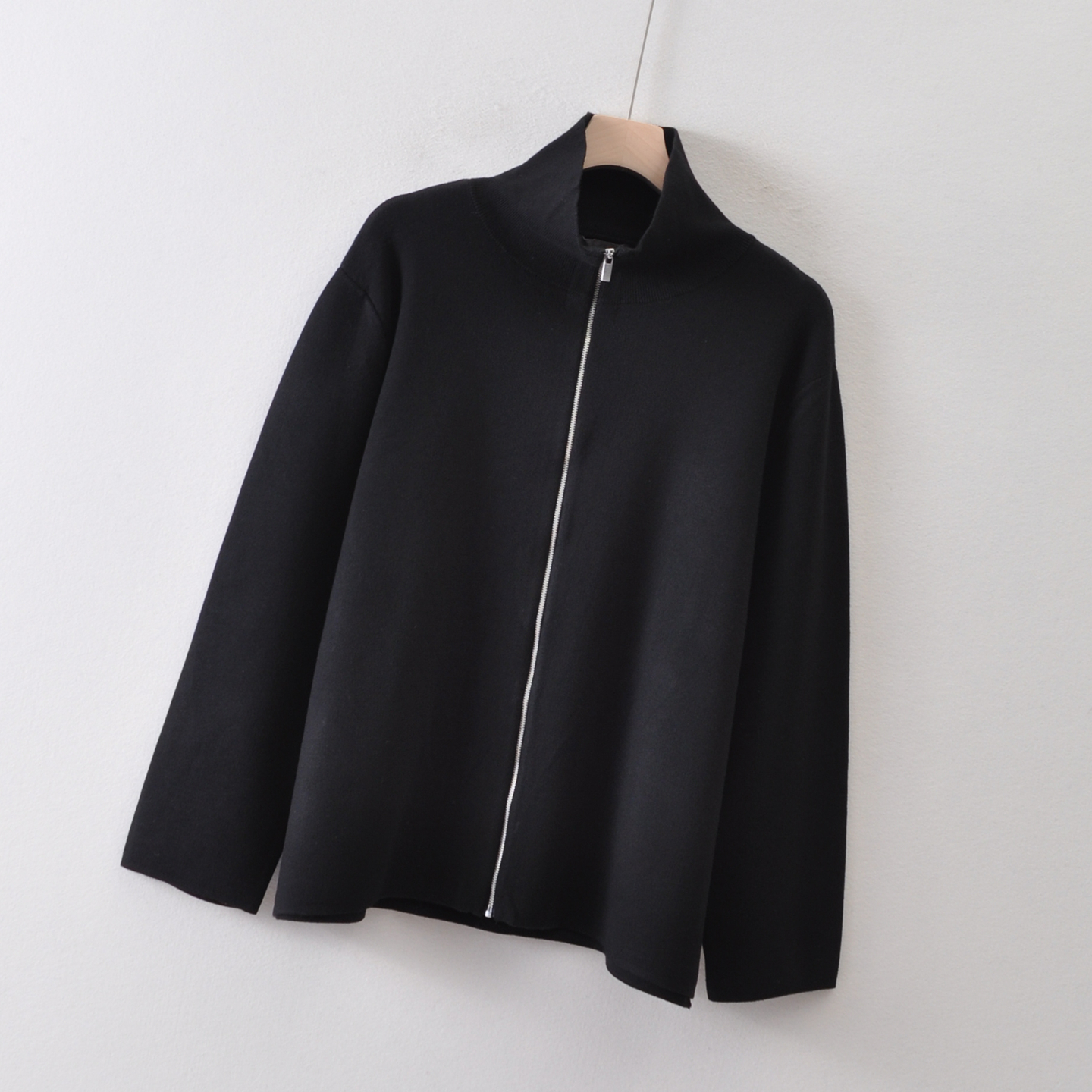 外贸瑞典单H*家~高领拉链宽松版针织开衫秋季 下摆开叉毛衣外套