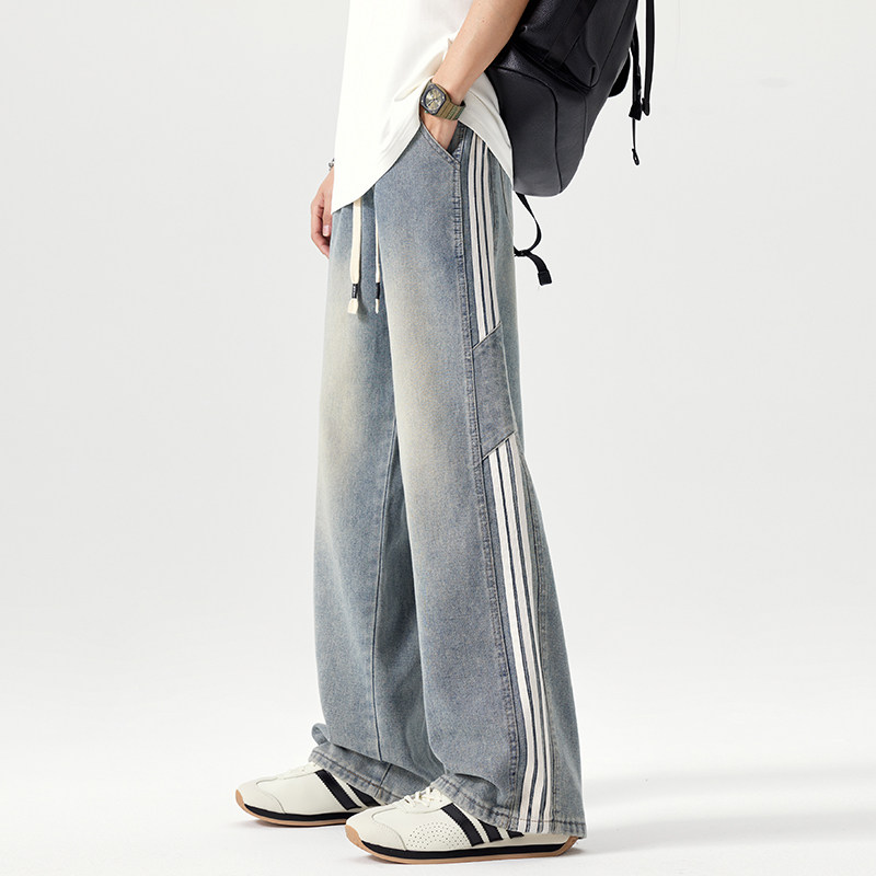 罗宾H美式高街水洗做旧宽松条纹撞色垂感直筒阔腿抽绳百搭牛仔裤,男装,卫裤,淘宝优惠券,粉丝福利购,淘宝优惠卷