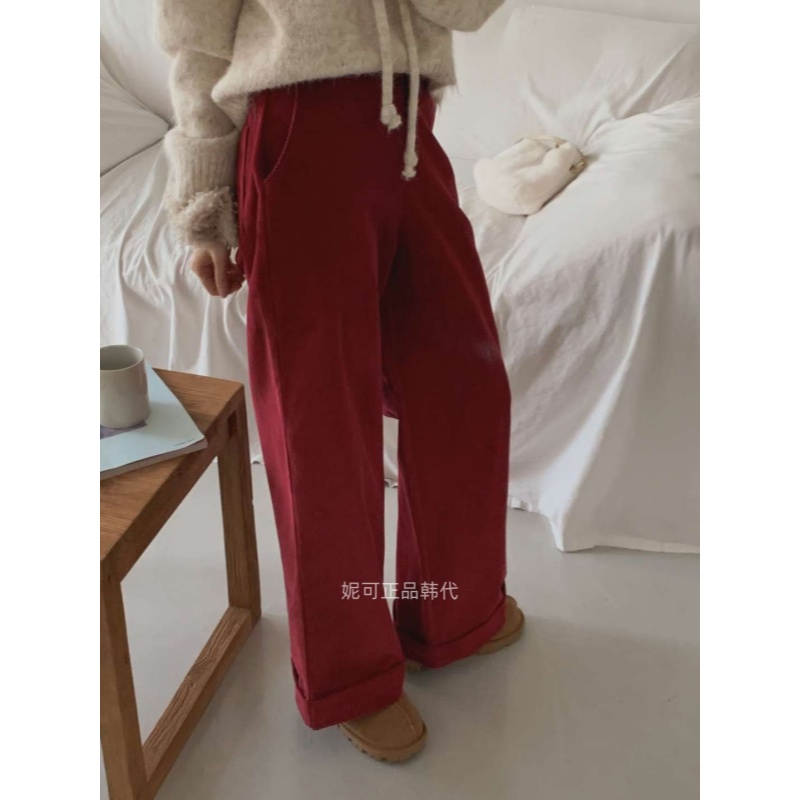 妮可家包邮韩国东大门正品代购秋冬新款复古百搭灯芯绒卷边阔腿裤