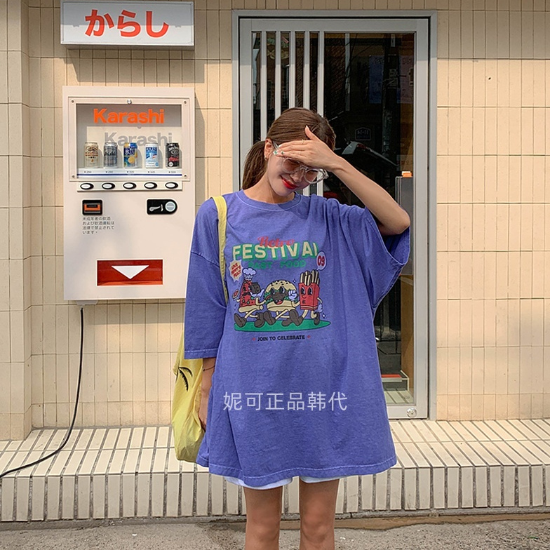 妮可家包邮韩国东大门正品代购夏季新款休闲汉堡薯条水洗T恤大版
