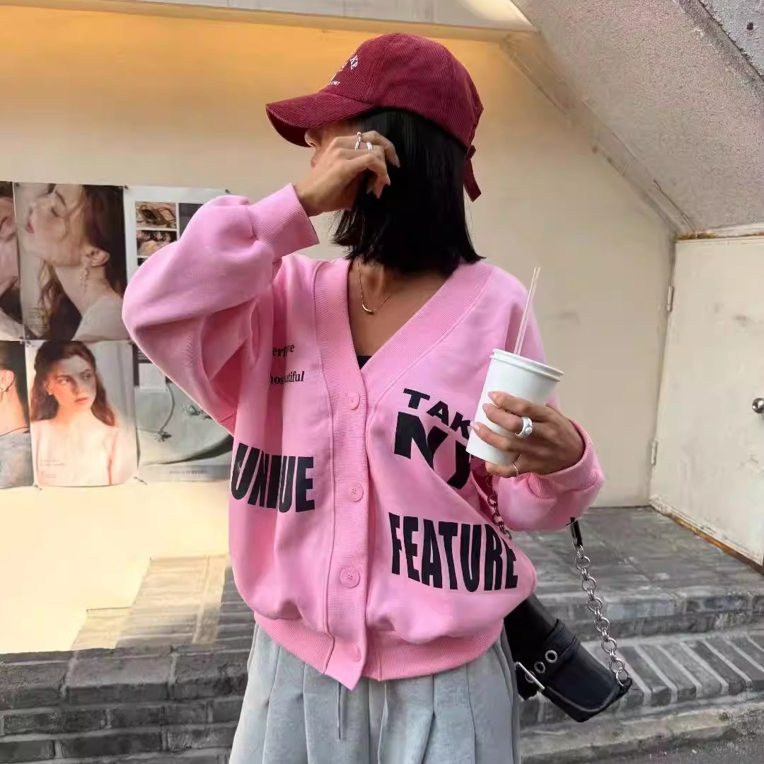 妮可家包邮韩国东大门正品代购秋冬新款潮流字母V领加绒宽松外套