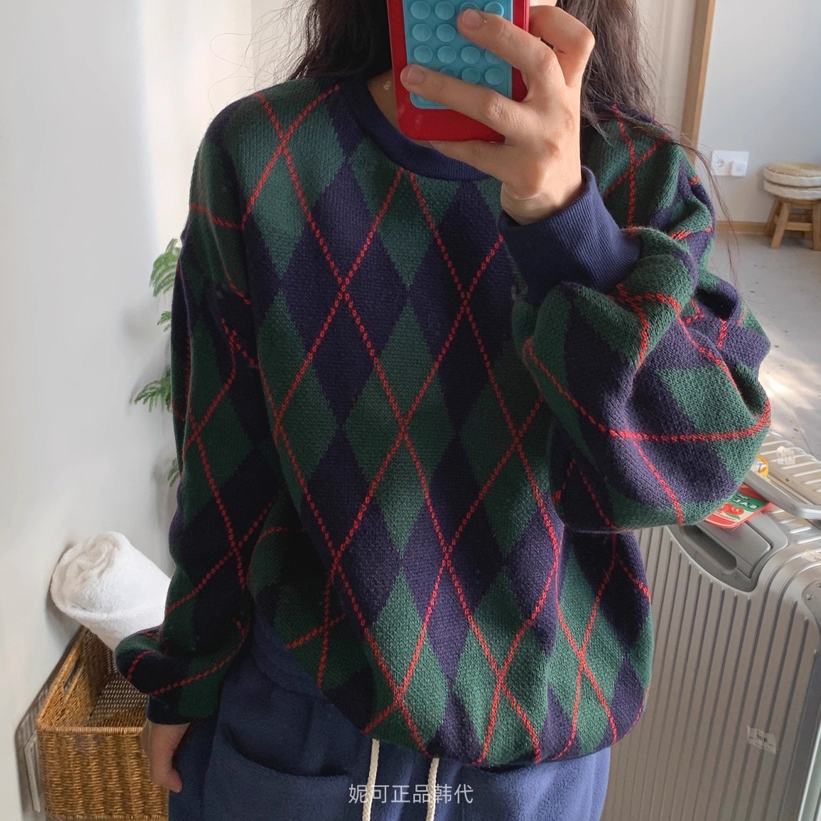 妮可家包邮韩国东大门正品代购秋冬新款复古菱形格宽松针织衫卫衣