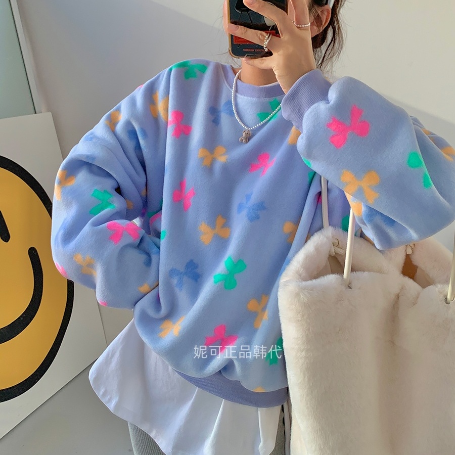 妮可家包邮韩国东大门正品代购秋冬新款甜美蝴蝶结保暖毛绒卫衣
