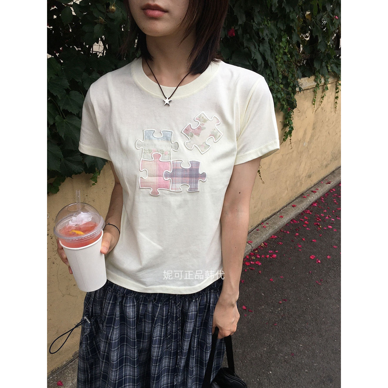 妮可家包邮韩国东大门正品代购夏季新复古碎花格子拼图贴布绣T恤