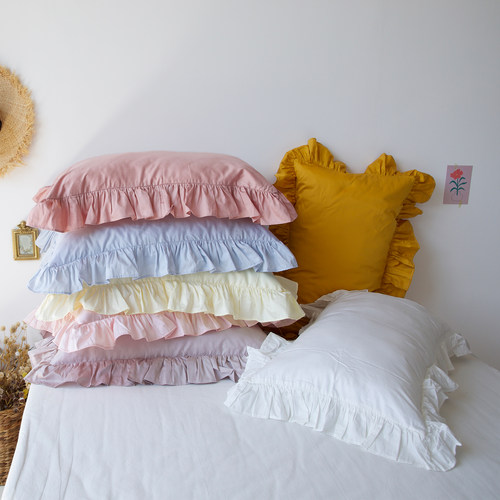 细腻精致手工抽褶纯色荷叶边枕套