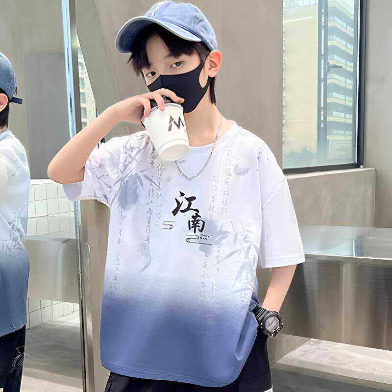 儿童装男童短袖T恤国风薄款夏装2025新款大童上衣体恤中国风渐变t
