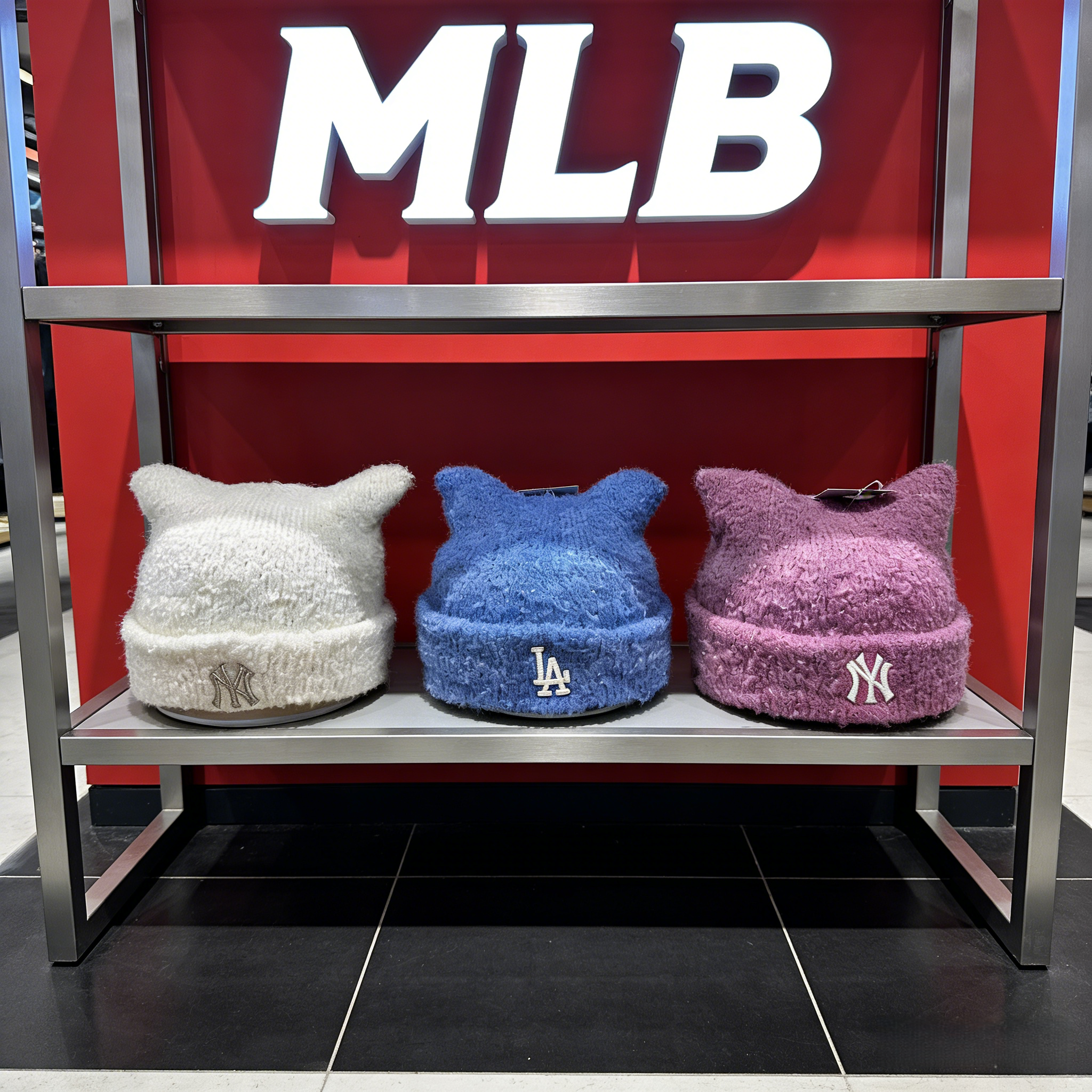 MLB童款猫耳保暖毛线帽