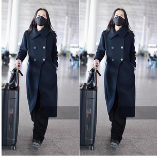 欧购韩国明星定制刘雯张钧甯明星同款中长款双排扣羊毛大衣毛呢外