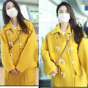 欧购法式2025李圣经明星同款黄色牛角扣时尚羊毛大衣女韩版呢子外