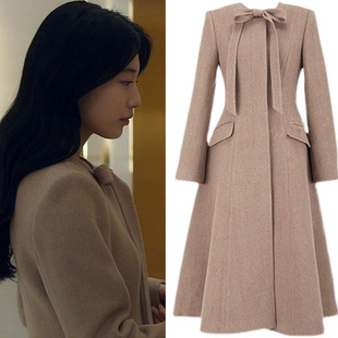 欧购安娜裴秀智孙艺珍同款领结毛呢连衣裙高级感收腰系带大衣外套