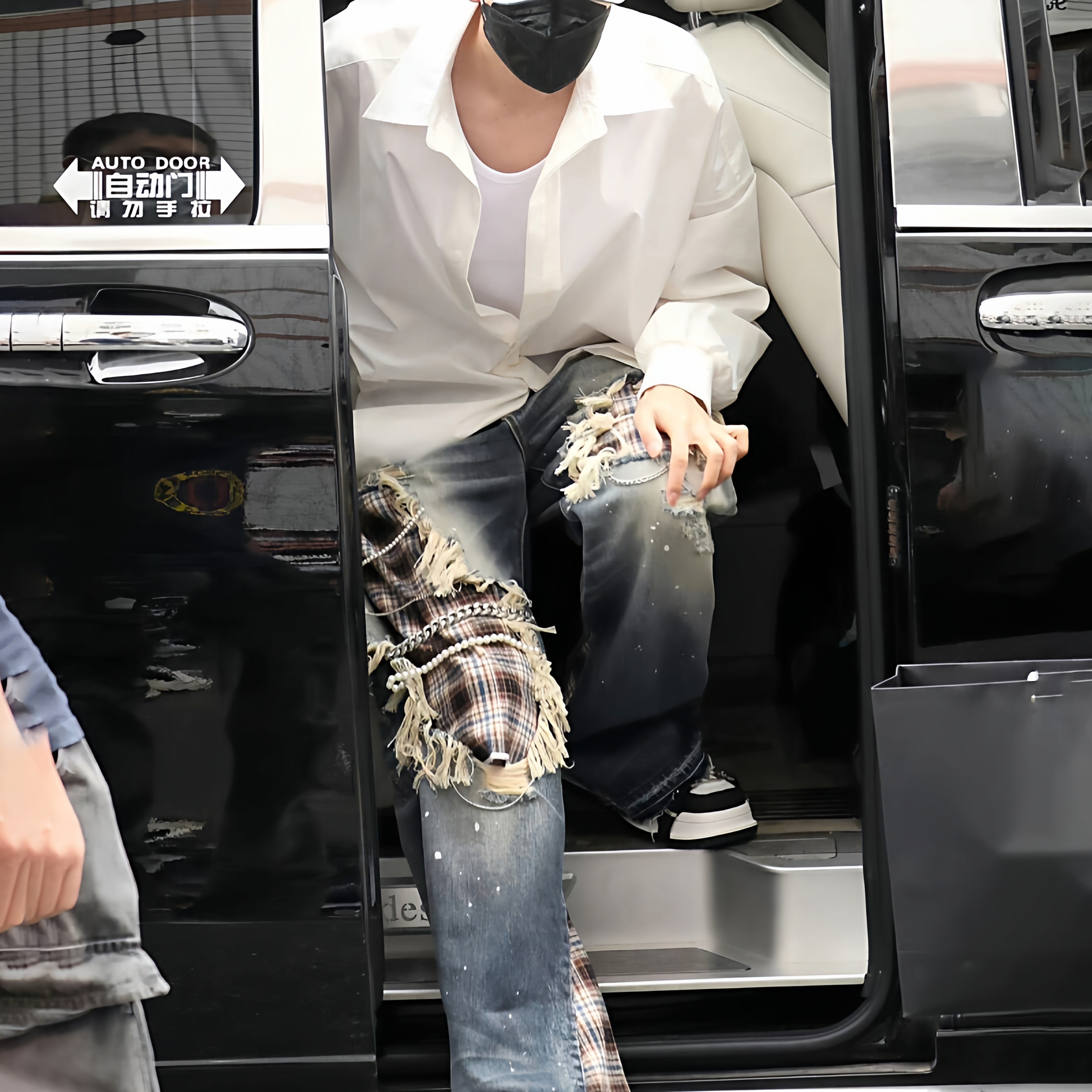 邓为明星同款格子拼接水洗链条牛仔裤男做旧街头朋克痞帅直筒长裤,男装,时尚套装,淘宝优惠券,粉丝福利购,淘宝优惠卷