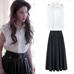 黄亦玫瑰的故事刘亦菲同款白色短袖衬衫女上衣灰色百褶半身裙套装