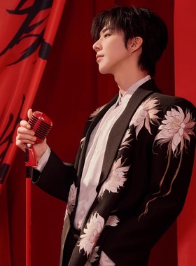 欧购刘宇宁明星同款西服男士中国风昙花绽颜黑色重工刺绣中式西装