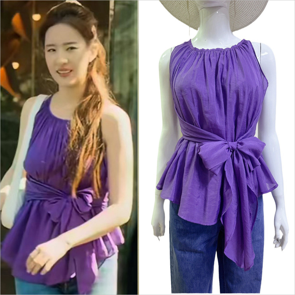 玫瑰的故事黄亦玫刘亦菲同款紫色绑带衬衫女夏设计感吊带背心上衣