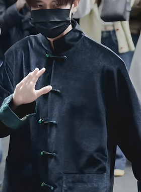 任嘉伦明星同款黑色唐装丝绒外套男经典款新中式设计感绿色珠盘扣