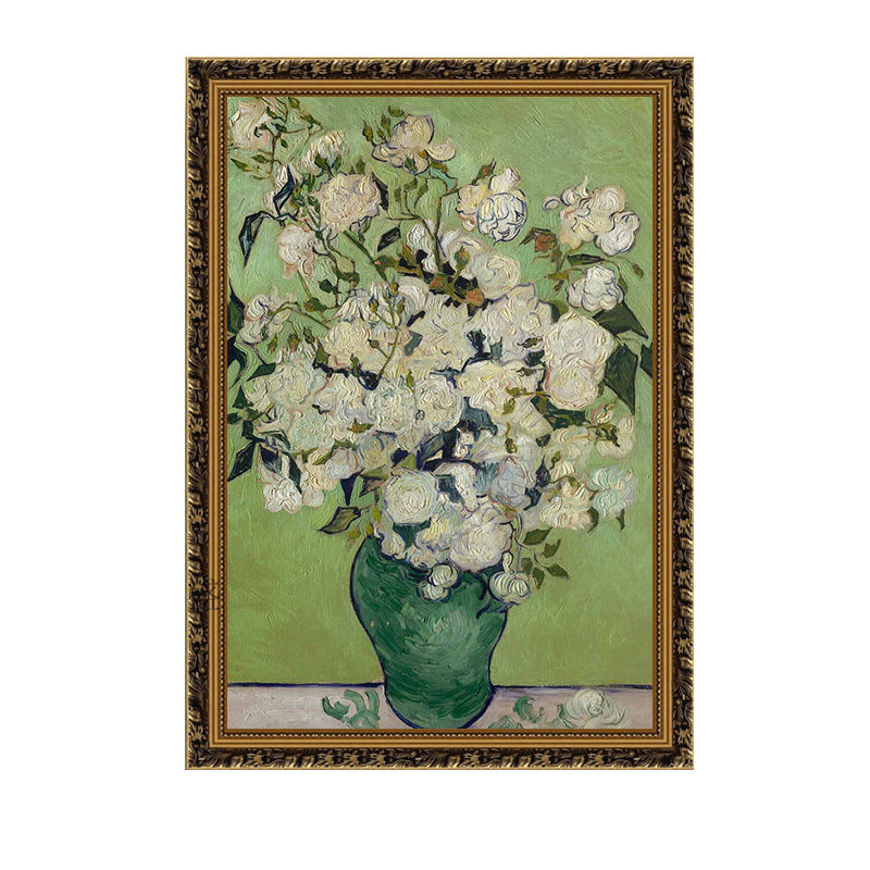 手绘 玄关装饰画欧式油画 餐厅卧室花卉挂画有框画 梵高白玫瑰