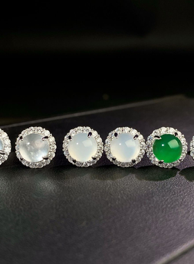 S925银耳针玉髓耳钉女蛋面鸽子蛋高冰帝王绿耳饰新中式圆包满钻款