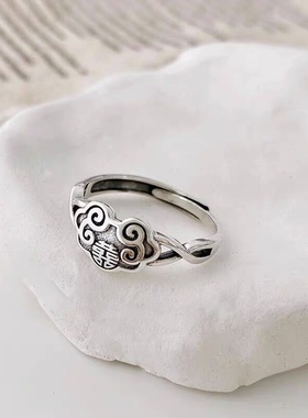 S925纯银复古做旧喜字戒指女国潮如意祥云时尚开口指环民族风手饰