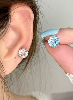 S925纯银千禧玫瑰切耳钉女精致爆闪8mm玫瑰花百搭耳骨钉耳饰耳环