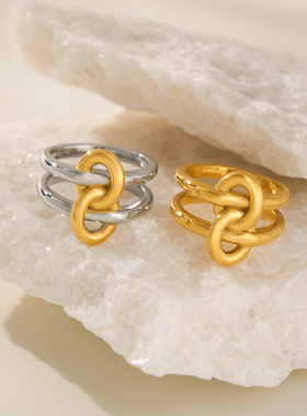 【DASEIN】夏日通勤风高级双层镂空金银色交织戒指情侣款金色素圈