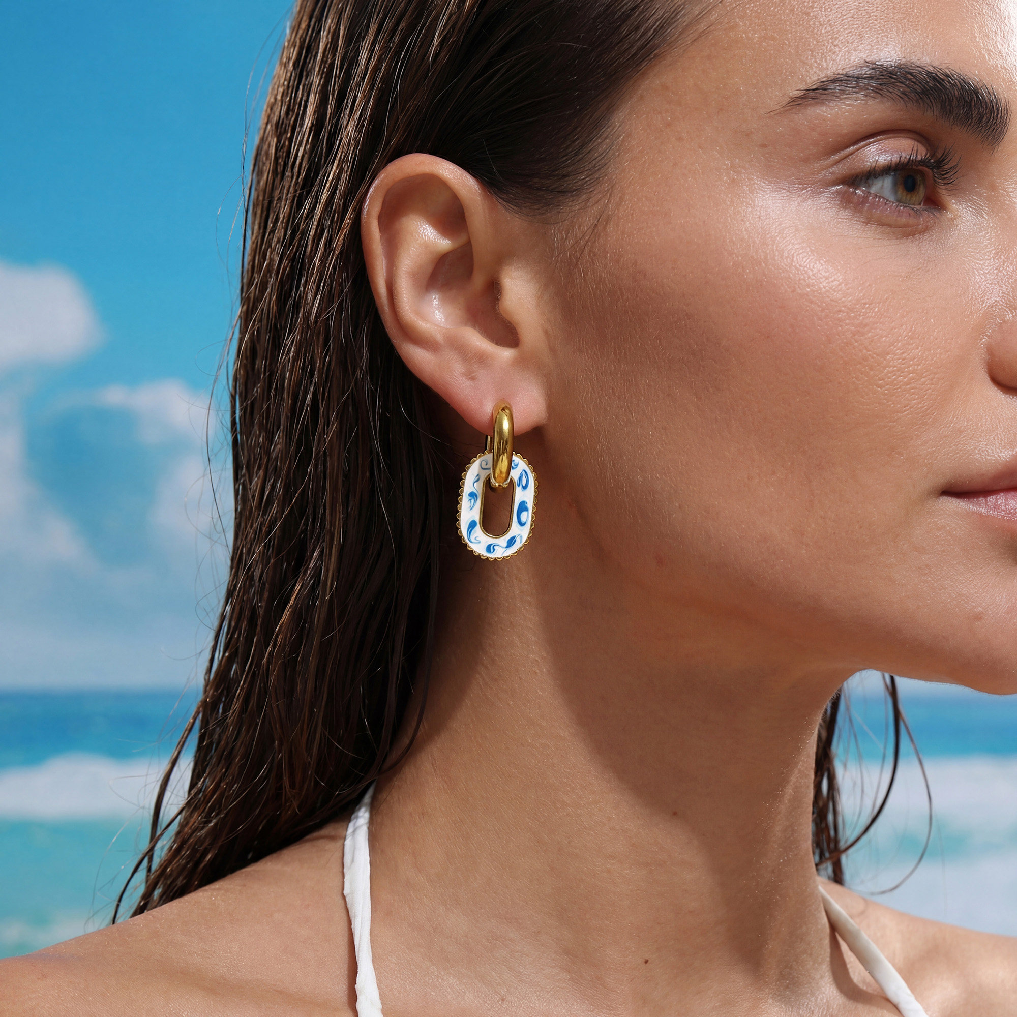 【DASEIN】欧美ins中古风时尚设计青花瓷贝壳耳圈18k金不掉色耳环