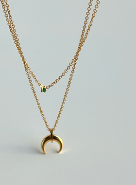 DASEIN ACC欧美小众设计微镶绿色小锆石月牙吊坠双层钛钢锁骨项链