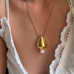 【DASEIN】时尚吉普赛风超细蛇骨链光面珍珠吊坠长款时尚项链