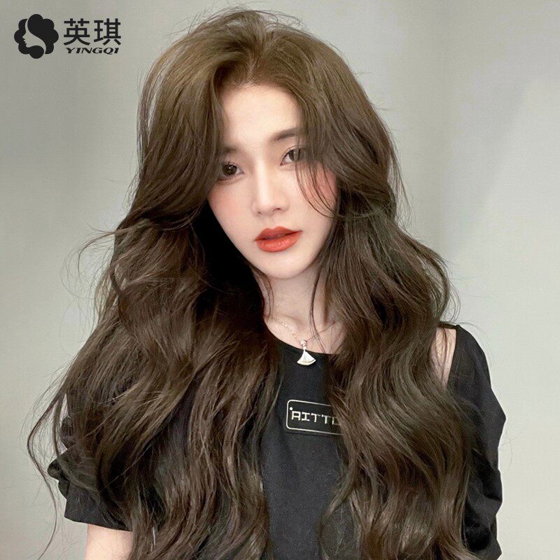 英琪假发女长发八字刘海时尚长卷发真人发丝中长气垫烫自然全头套