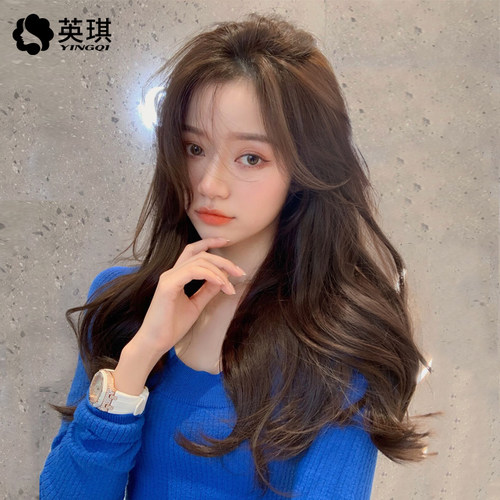 英琪假发女轻薄蕾丝长卷发中分八字刘海真人发丝全头套网红大波浪 - 封面