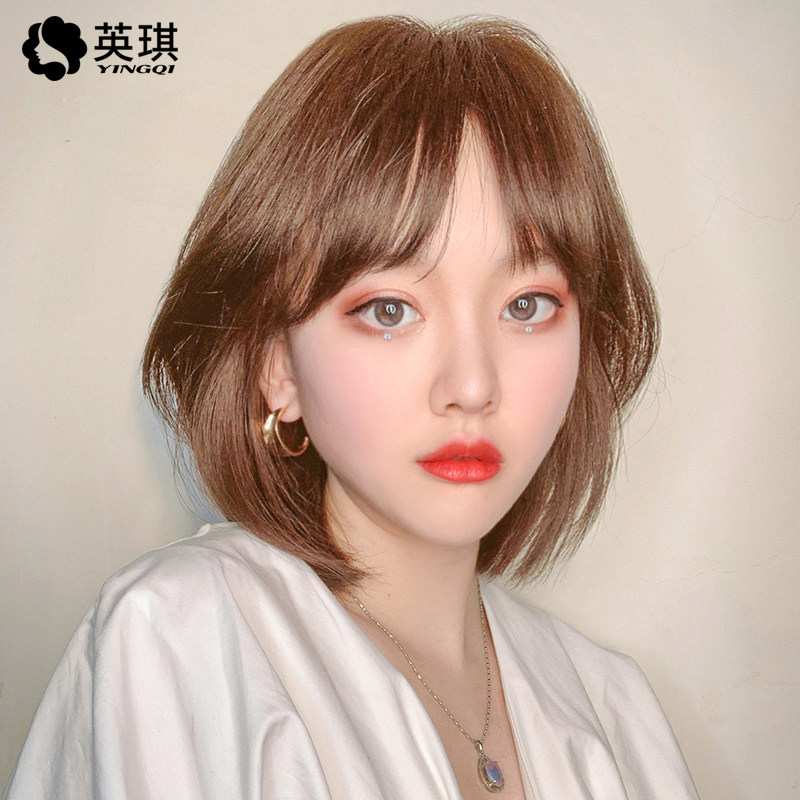英琪假发女空气刘海波波头真人发丝全蕾丝发套双递针bobo头短直发
