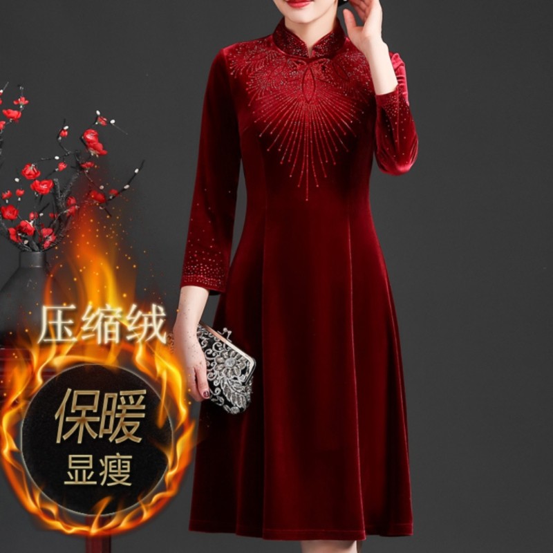 秋冬金丝绒旗袍礼服喜妈妈婚宴装保暖加绒加厚连衣裙喜婆婆红L91