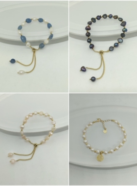 日常通勤天然淡水珍珠手链ins小众设计感复古注金福牌吊坠手链