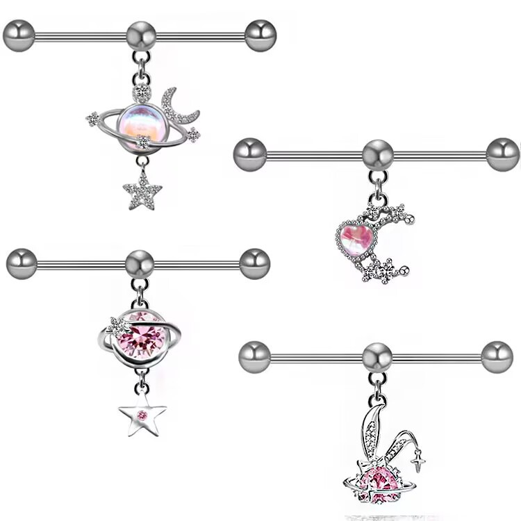 1个恶魔耳钉耳桥心形工业耳钉吊坠耳桥不锈钢人体穿刺industrial