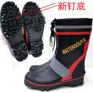 外贸雨鞋钢钉子底钓鱼专用雨靴男中筒秋冬款橡胶防滑矶钓鞋防水鞋
