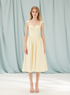 CHER设计师品牌春夏新品淡黄色胸衣式棉质伞裙