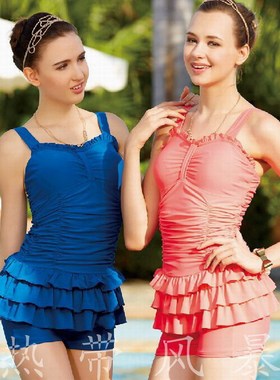 特清仓正品华黛思温泉游泳衣女胸聚拢显瘦分体裙式平角95219左蓝