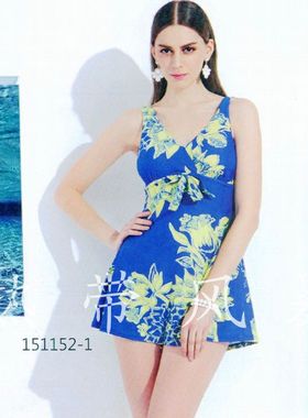 品牌正品号手温泉保守撞色游泳衣女胸聚拢显瘦连体裙式151152蓝黄