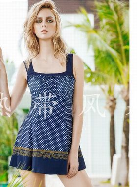 特清正品华黛思温泉大码蓝白波点游泳衣女保守显瘦连体裙式96692