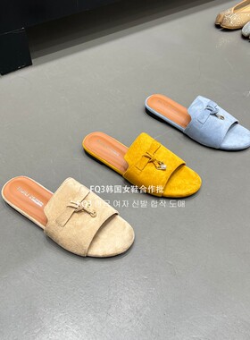 FQ3实拍 MIJILI质感绒面一字拖鞋女外穿2026夏韩版金属扣平底凉拖