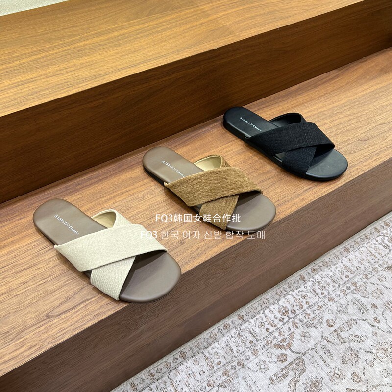 FQ3实拍 BULVJI复古交叉布面平底拖鞋外穿2026夏季露趾沙滩凉拖鞋