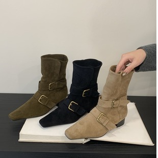FQ3 短靴小方头西部靴绒面中筒靴女靴子 实拍DISHABEINI复古法式