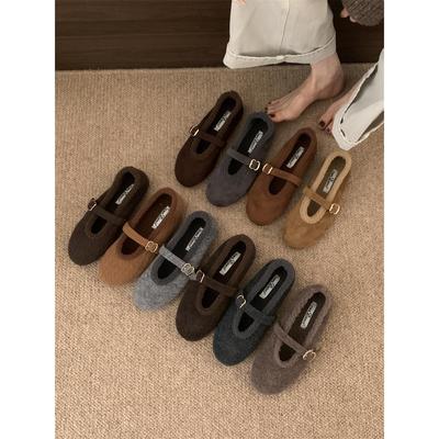 FQ3 实拍laibao平底加绒毛毛鞋女2025秋冬外穿一字带玛丽珍单鞋