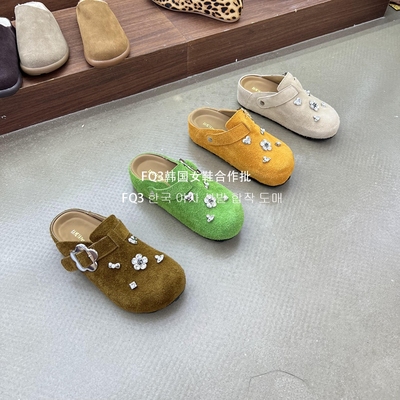 FQ3 实拍KAMIYA真皮磨砂皮勃肯鞋女厚底软底防滑孕妇半拖流苏包鞋