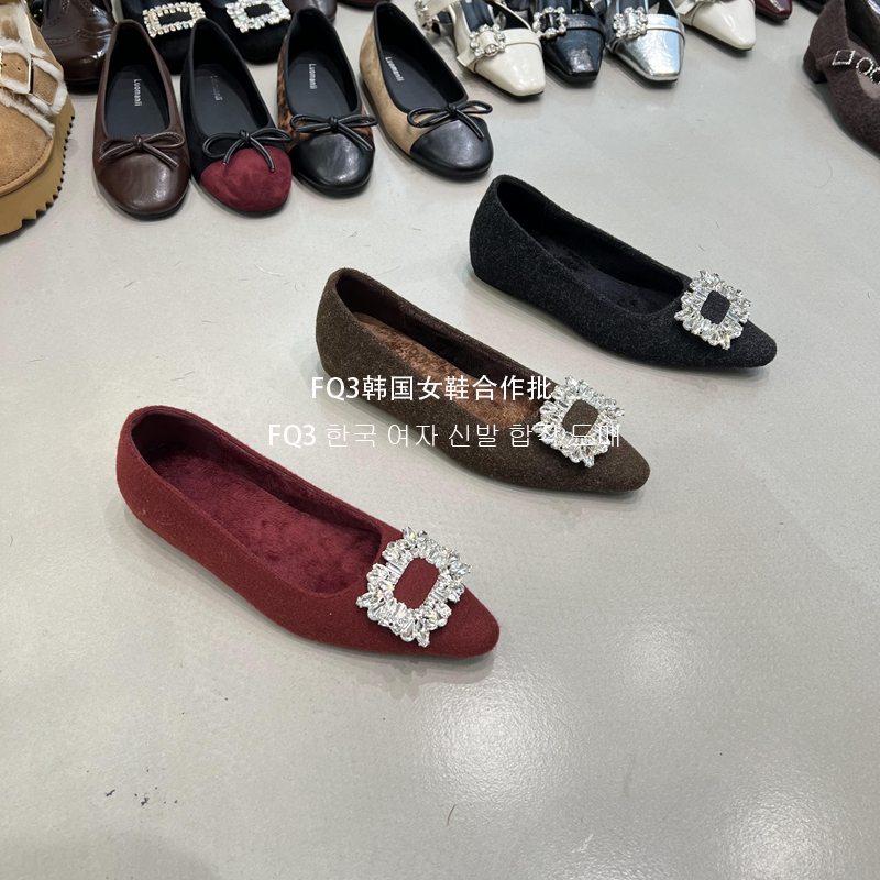 FQ3实拍 Luomanli水晶方扣尖头加绒单鞋女韩系内增高绒面工作鞋潮