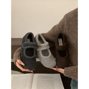 女冬外穿呢子棉鞋 女加绒玛丽珍毛毛鞋 子 实拍laibao勃肯鞋 FQ3