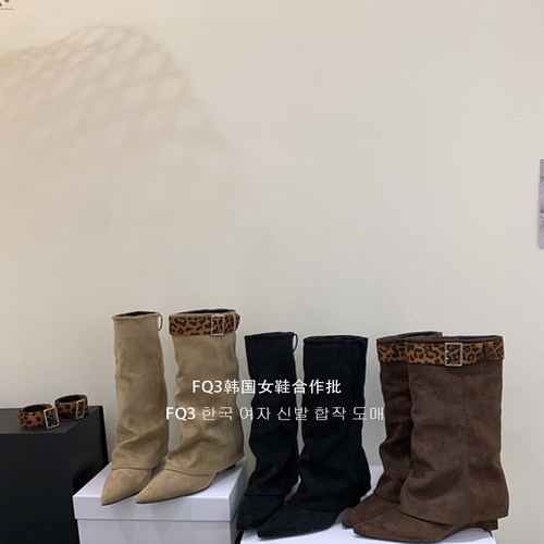 FQ3 实拍Alilover尖头反绒两穿切尔西靴女高筒靴坡跟不过膝长靴女